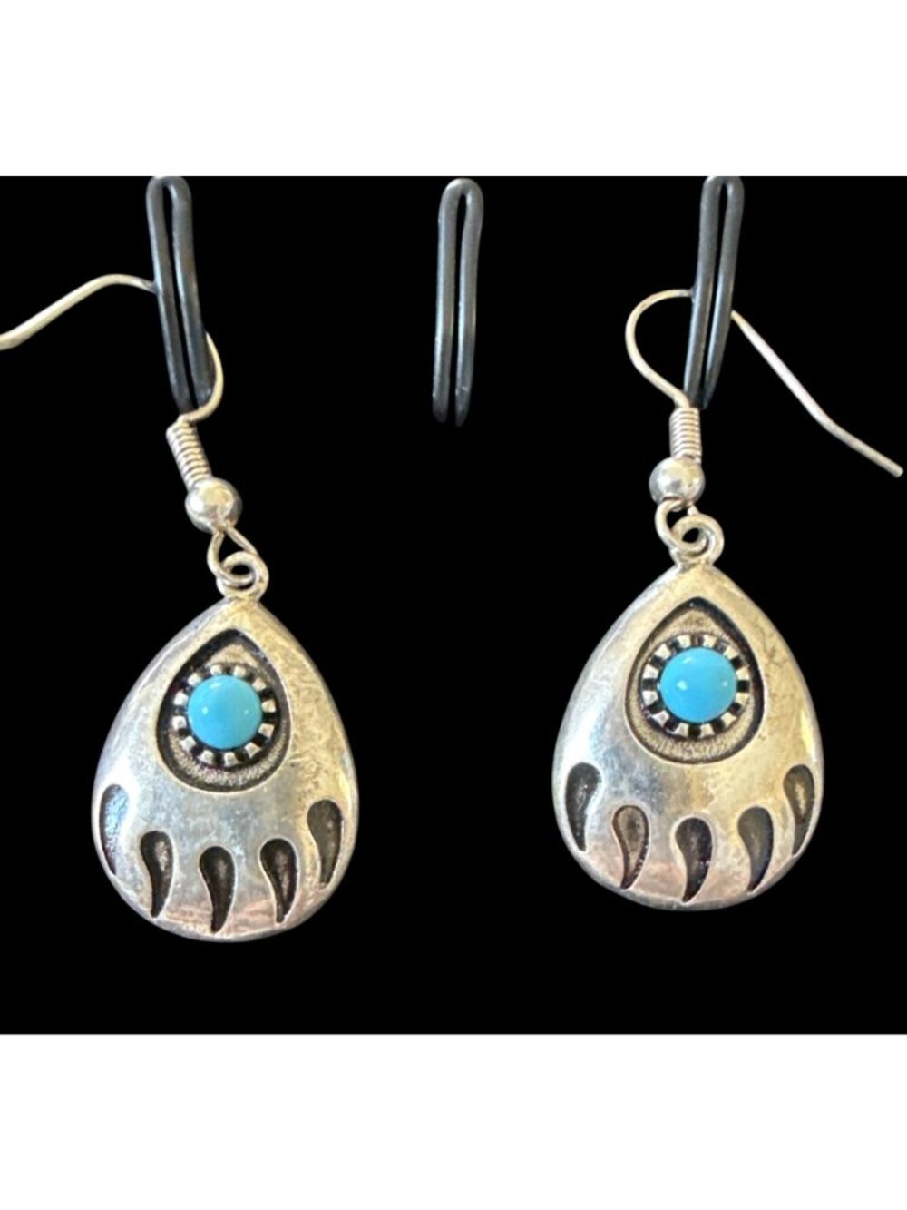 Sterling Silver 925 Turquoise Bear Paw Dangle Earrings Native American Style